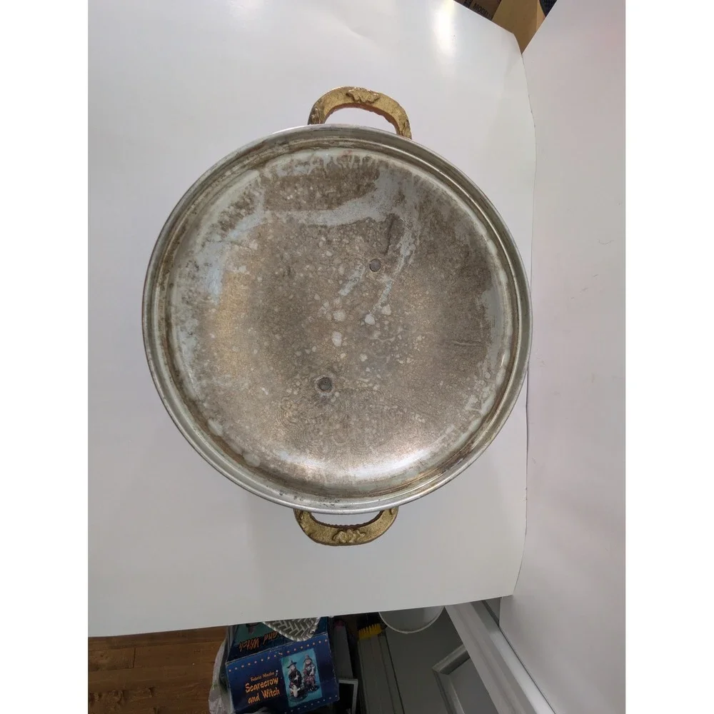 Vintage Vissmarta Hand Hammered Copper Pot Etched Floral Brass Handles Lid 9.5